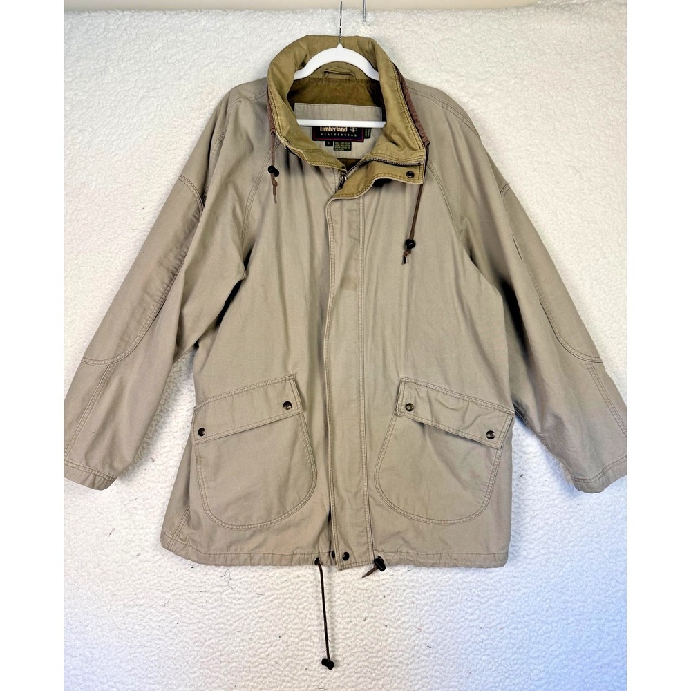 Vintage 90s Timberland Jacket Mens L Beige Parka Cotton Lined Full Zip